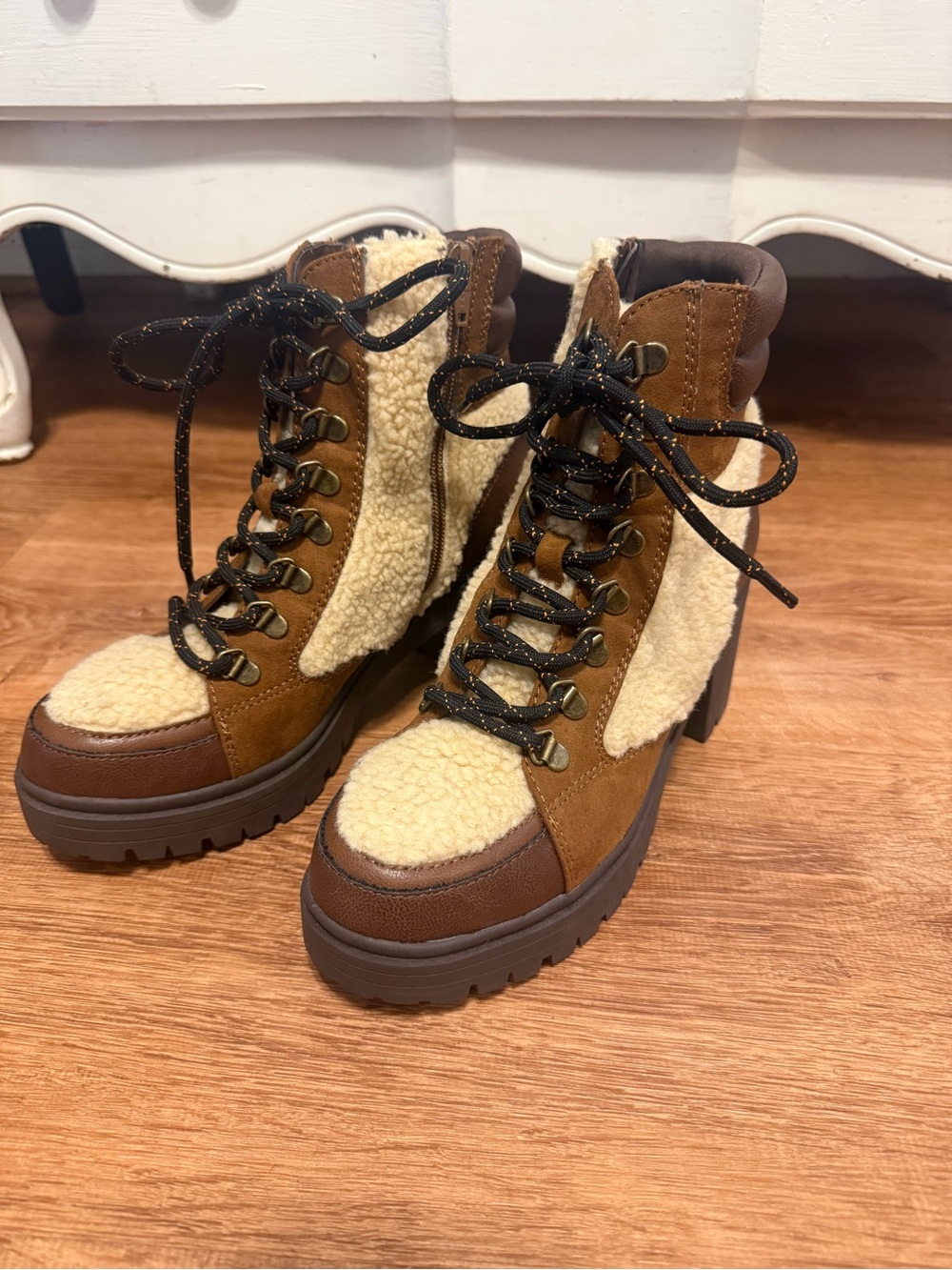 Sun + Stone Brown and Cream Lace-Up Shearling Booties